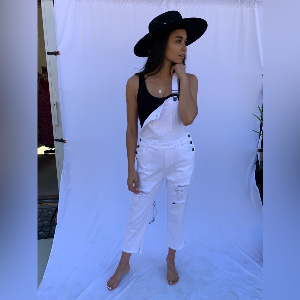 Olivaceous Distressed Cropped Overalls